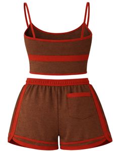 Brown Red Women Camisole And Shorts <b>Set</b> Summer Two Piece Outfit Cotton Blend Crop Top Mushroom Print Drawstring Shorts Casual - Product Image 2