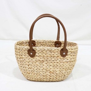 Sac fourre-tout en jacinthe d'eau tressé à la main, sac de plage estival en paille avec poignées en cuir - Product Image 1