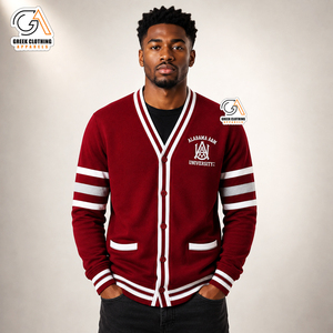 Custom Embroidery Breathable Quick Dry Men's Alabama A&M |AAMU University <b>Cardigan</b> PEARLED IVORY <b>Shawl</b> <b>Collar</b> V-Neck Maroon - Product Image 4