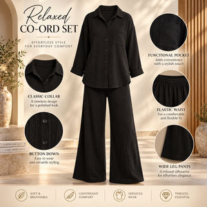 Black <b>Linen</b> Blend Co Ord <b>Set</b> Long Sleeve Button Down Shirt Wide Leg Pants Elastic Waist Casual Two Piece Outfit|Relaxed Everyday - Product Image 5