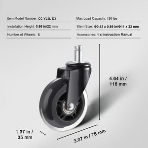 Set di 5 Ruote per Sedia da Ufficio Resistenti da 3 Pollici per Pavimenti in Legno e Moquette, Uso per Scrivania Gaming e Palestra, Garanzia di 2 Anni - Product Image 4