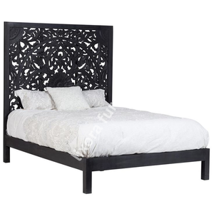 Luxury Handcrafted Solid Wood <b>Bed</b> Frame Ornate Mandala Jaali Carving Charcoal Black Finish - Product Image 3