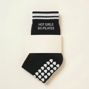 Custom Logo <b>Hot</b> Girls Do Pilates Ankle <b>Socks</b> Anti-Slip Grip Black White Text Embroidery for Yoga Pilates Women - Product Image 1