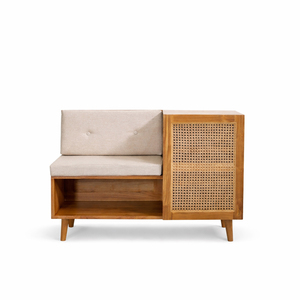 Banco de Almacenamiento Calista de Ratán y Madera de Teca Sólida de Primera Calidad, Estilo Japandi Moderno, con Asiento Tapizado para Hotel o Villa - Product Image 1