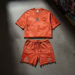 Nouvelle collection : ensemble short et sweat-shirt homme, couleur unie, effet délavé, style streetwear, 2 pièces. - Product Image 4