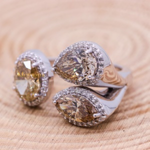 Wholesale 18K White Gold Custom Bridal Fancy Yellow Diamond Pear Marquise Oval 3 Stone Halo <b>Open</b> Engagement <b>Rings</b> - Product Image 6