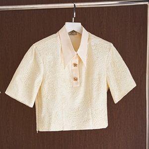 Blusa Corta de Encaje Color Crema para Mujer, Manga Corta, Cuello Camisero, Botones, Estilo Elegante de Oficina, Primavera Verano, Tejido, ELYSIA - Product Image 5