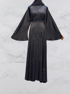 New Handmade Beaded Hooded Floor Length V Neck <b>Abaya</b> <b>Women</b> Modest Long Sleeve Solid Breathable Polyester Daily Wear Party - Product Image 1
