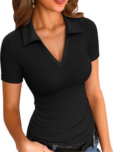 Polo de Punto Personalizado para Mujer 2026, Color Verde Oliva Sólido, Manga Corta, Cuello en V, Largo Regular, Estilo Casual - Product Image 3