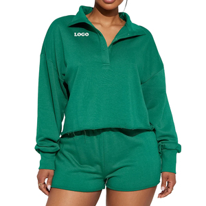 Conjunto de sudadera y pantalones cortos de punto de 2 piezas para mujer, color verde, cuello vuelto, corte holgado, informal, para primavera y verano - Product Image 1