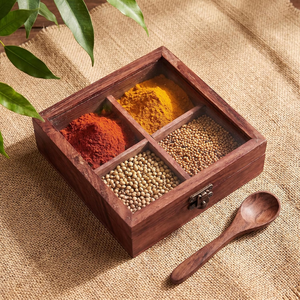 Boîte à épices en bois artisanale avec couvercle miroir, 6 compartiments, Masala Dabba avec cuillère, organisateur d'épices de cuisine, Masala Dani en bois - Product Image 6