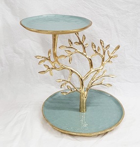 <b>Tree</b> Shape Round Wood Cake Stand Handmade Gold <b>Branch</b> Design Turquoise Top and Base Decorative Dessert Display Dishwasher Safe - Product Image 1