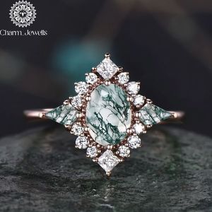 Charm Jewells Women's Rose <b>Gold</b> Engagement <b>Cocktail</b> <b>Ring</b> with Green Moss Quartz and Moissanite Prong Setting Classic Style - Product Image 2