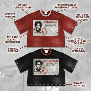 T-shirt personnalisé pour <span class=keywords><strong>homme</strong></span> à col côtelé, style streetwear, coupe ample, avec strass, haut oversize en coton, motif graphique, effet délavé vintage - Product Image 5