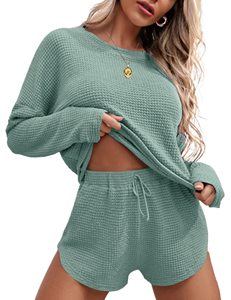 Ensemble de pyjama en tricot gaufré pour femmes, haut à manches longues et short assorti, ensemble de détente, vêtements de détente avec poches - Product Image 4