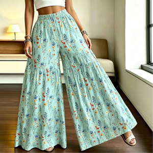 Pantalon large à imprimé floral, taille haute, coupe ample, en mélange de mousseline, décontracté, pour l'été - Product Image 2