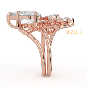 Bague en or rose 18 carats avec diamant de laboratoire taille poire, motif feuille de marquise en grappe, style naturel et botanique - Product Image 2