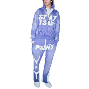 Sweat à capuche épais et pantalon évasé en denim déchiré 100% coton, imprimé graphique, brodé, effet soleil délavé, personnalisable, faible MOQ - Product Image 2