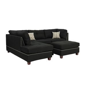 Divano Sezionale Reversibile in Polifibra Nera con Pouf per Soggiorno - Product Image 1