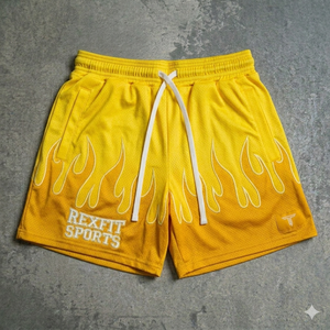 Shorts de sport personnalisés REXFIT SPORTS, design imprimé flamme, en mesh respirant pour hommes et garçons, pour entraînement de basketball et fitness. - Product Image 4