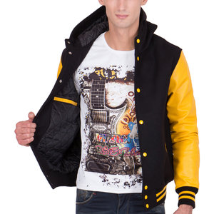 Mens Black and <b>Yellow</b> Hooded Varsity Jacket <b>Yellow</b> Leather Sleeves Letterman Bomber Jacket Casual Baseball Style Winter Warm Coa - Product Image 3