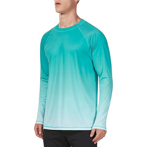 Aesthetic <b>Men</b> Gradient Turquoise White Rash Guard Quick Dry UPF 50 Long Sleeve Performance Ombre Swim Shirt - Product Image 2