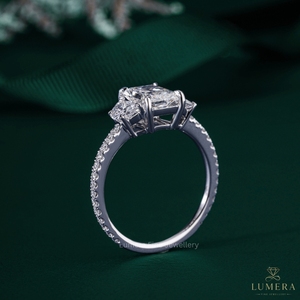Radiant Cut Three Stone Diamond Engagement <b>Ring</b> 18K White Gold Micro Pave Band with Half <b>Moon</b> Side Diamonds OEM ODM - Product Image 3