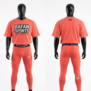 Ensemble t-shirt et legging homme en coton polyester premium, rouge corail, tissu extensible doux et respirant, impression personnalisée, 2 pièces - Product Image 6