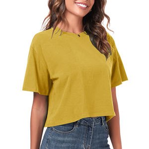 Women's Mustard <b>Yellow</b> <b>Crop</b> <b>Top</b> Short Sleeve O-Neck Loose Fit Casual T-Shirt 100% Cotton Jersey Spring Summer Wear - Product Image 2