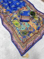 TENNECY Designer Chinon Silk Saree Piping Border Latkan Tassels Authentic Mirror Work Reversible Stretchable Wrinkle-Free