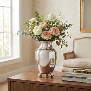 Vase à fleurs artisanal en laiton et acier inoxydable 22 cm, pieds sphériques argentés polis miroir, décoration d'intérieur, centre de table de mariage - Product Image 2