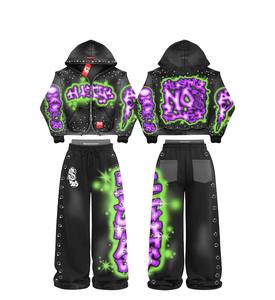 ชุดเสื้อยืดสตรีทแวร์สไตล์วินเทจแบบทำสีซีด  คุณภาพสูง ผ้าฝ้าย 100%  ลายกราฟิก  แบบครอป  พร้อมกางเกงขายาวสำหรับผู้ชาย - Product Image 5