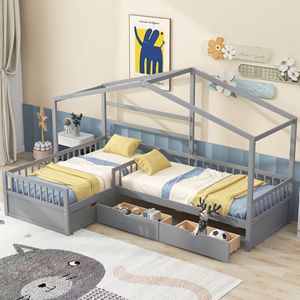Letto a piattaforma grigio a una piazza e mezza con tre cassetti contenitore per bambini - Product Image 1