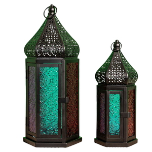 Indian Handmade Metal Hanging Candle <b>Lantern</b> <b>Gold</b> Finished for Christmas & Home Decor <b>Lantern</b> With Colorful Glass - Product Image 2