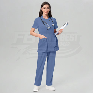 Women <b>Blue</b> Scrub Set Cotton Polyester Woven Hospital Uniform Pants Included Custom Design - Product Image 1