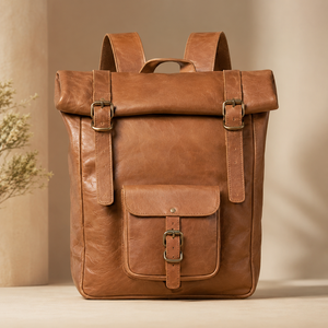 Vintage Brown Leather <b>Roll</b> <b>Top</b> <b>Backpack</b> Buckle Rucksack Travel Laptop Bag for Men Women Daily Office Use - Product Image 1