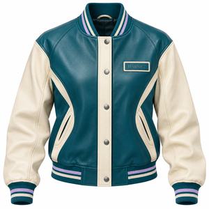 Blouson universitaire en cuir véritable pour femme, vert sarcelle, manches contrastantes crème, col côtelé rayé, boutons-pression, style Letterman, veste bomber - Product Image 1