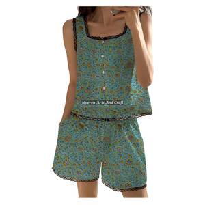 Ensemble de pyjama 2 pièces en coton avec dentelle, short et haut, sexy et élégant, imprimé floral sans manches, collection Printemps/Été - Product Image 1