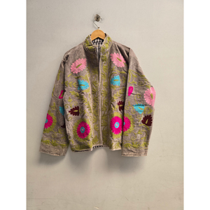 <b>Women</b>’s <b>Velvet</b> Jacket with Mandarin Collar and Colorful Floral Embroidery, Long Sleeve Vintage Bohemian Prairie Chic Autumn <b>Coat</b> - Product Image 6