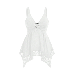 Haut sans manches blanc pour femme avec détail cœur, buste froncé, ourlet en dentelle, décontracté, mode estivale, chic et élégant pour les fêtes - Product Image 1