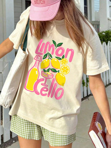 Camiseta de cuello redondo con estampado Limoncello para mujer, manga corta, corte holgado, 100% algodón, jersey, top informal de verano - Product Image 1