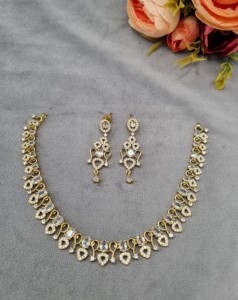 Repeating Pear Halo Motif Curved Links Oval Stone Accents And Matching Chandelier Earrings Antique Gold Plated AD <b>Jewellery</b> <b>Sets</b> - Product Image 2