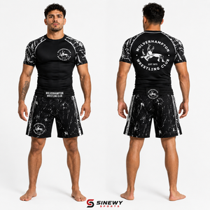ชุดเสื้อรัดกล้ามเนื้อและกางเกงขาสั้นสำหรับนักมวยปล้ำชาย SINEWY SPORTS สีดำลายหินอ่อนขาว ชุดออกกำลังกายแบบกระชับซับเหงื่อ - Product Image 1