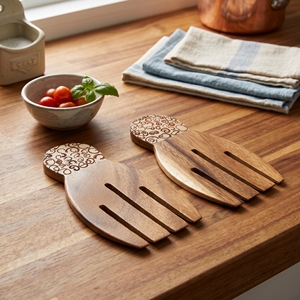 Utensilios para Servir Ensaladas de Madera Suar de Grado Alimenticio, Forma de Mano con Incrustaciones de Canela Blanca, Color Marrón Claro, Hermosos Utensilios de Cocina, Vajilla - Product Image 3
