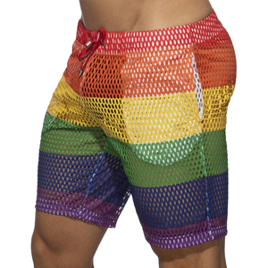 Pantalones Cortos de Malla Arcoíris para Hombre, de Cintura Media con Cordón, Diseño Casual a Rayas, Transpirables, con Agujeros, Ligeros - Product Image 2