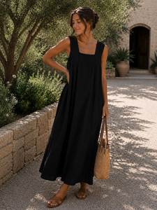 Vestido largo negro sin mangas para mujer, vestido holgado de verano - Product Image 3