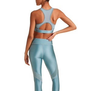 High Back Plaid Sports <b>Bra</b> Gym Shorts Set Golden Color Ribbed Seamless Yoga Gear for Women Lightweight Quick Dry Breathable - Product Image 1