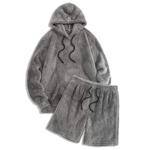 Men's Gray Fleece Hoodie Shorts Set Solid Color Pullover Winter Lounge Wear Regular Sleeve Knitted Unlined - Product Image 1