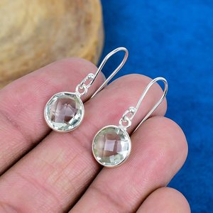 Natural <b>Green</b> Amethyst Round Shaped Gemstone Drop <b>Earring</b> Handmade 925 Sterling Silver Finish - Product Image 3