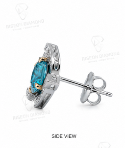 Lujosos pendientes de diamantes azules con montura geométrica de oro blanco de 18 quilates y engaste de oro amarillo, con diamantes redondos en forma de halo. - Product Image 3